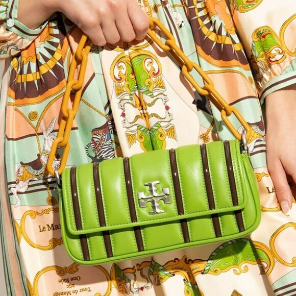 Tory Burch Kira Green Leather Shoulder Bag Stripe Chain Strap Silver Hardware - Picture 4 of 13